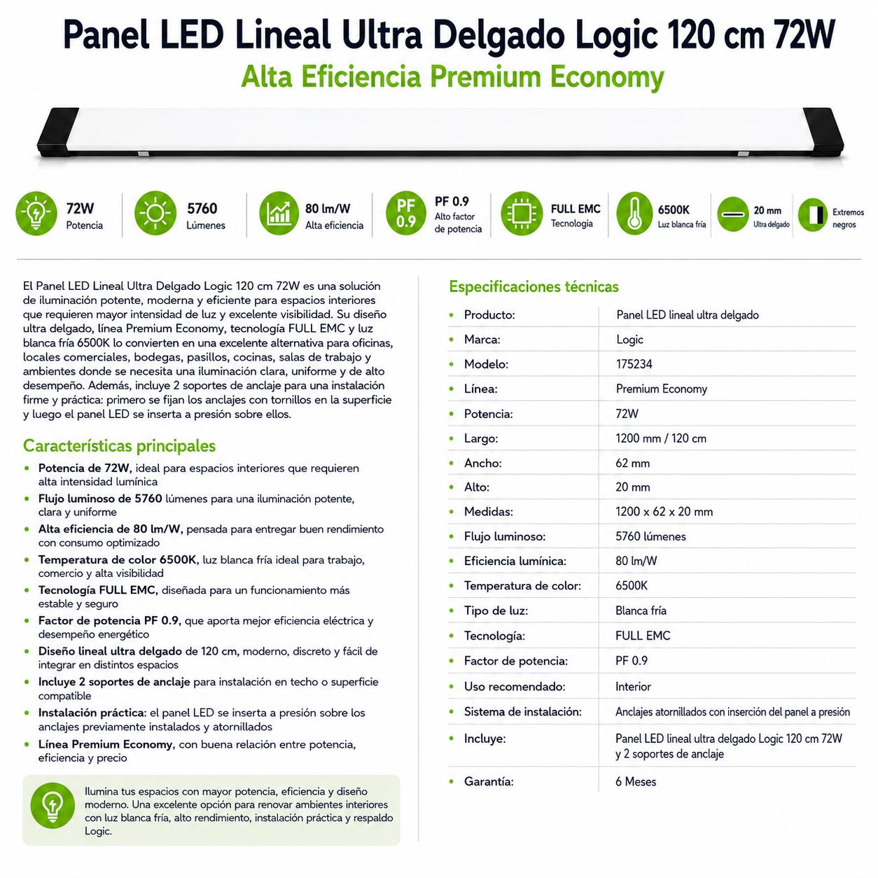 Panel LED Lineal Ultra Delgado 120 cm 72W  Alta Eficiencia