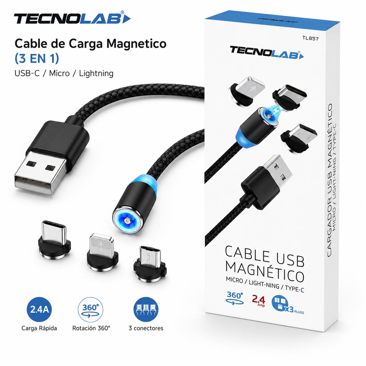 Cable de Carga Magnetico (3 EN 1) USB-C / Micro / Lightning