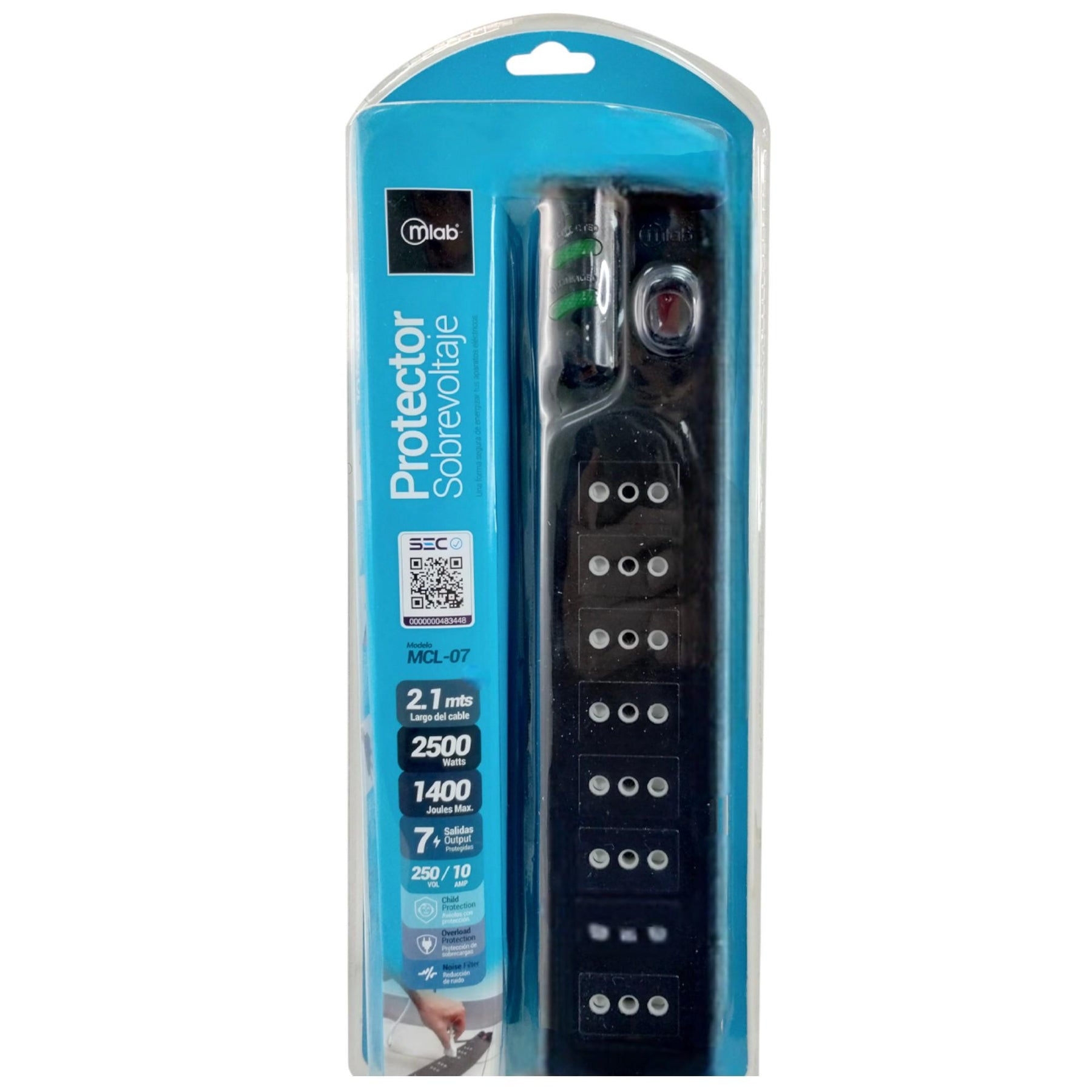 Alargador 2.1MTS 7 Salidas con Proteciónde Voltaje 2500W SEC