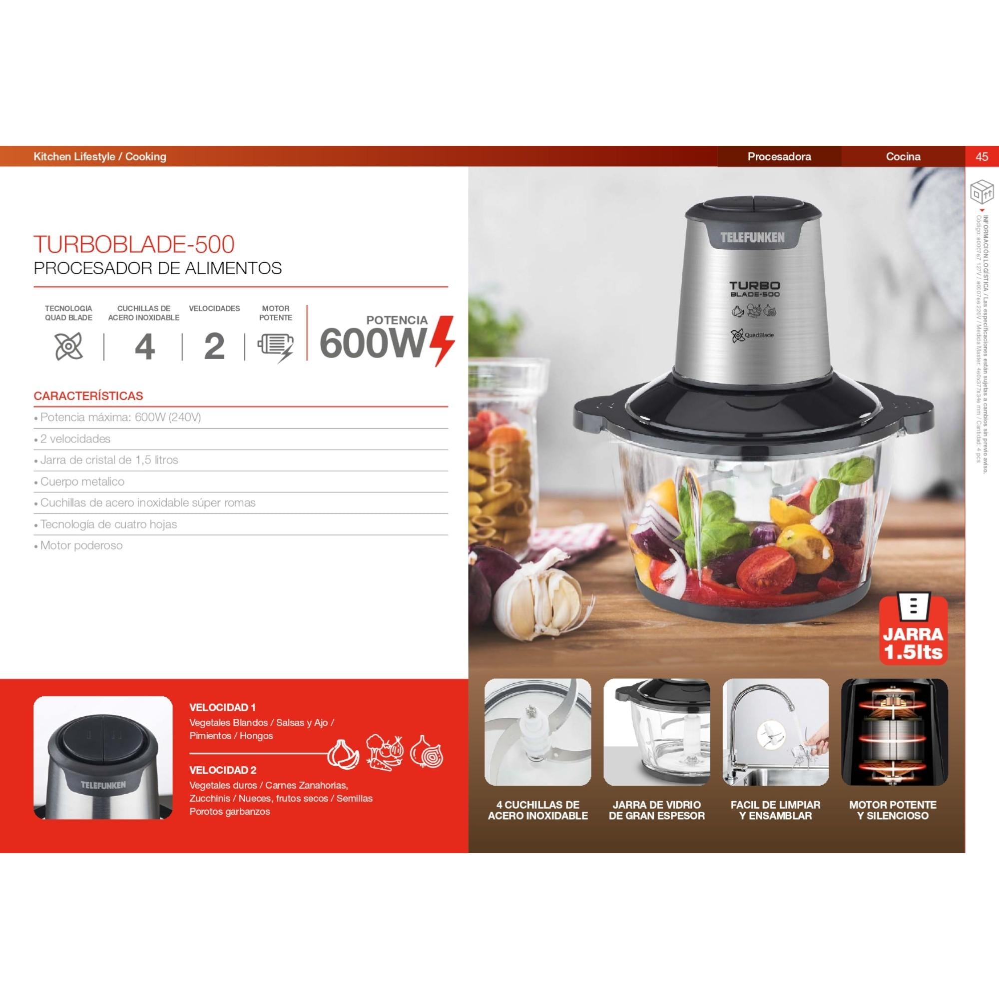 Picadora de Alimentos Turbo Blade 600W Bowl Vidrio 1.5 LT