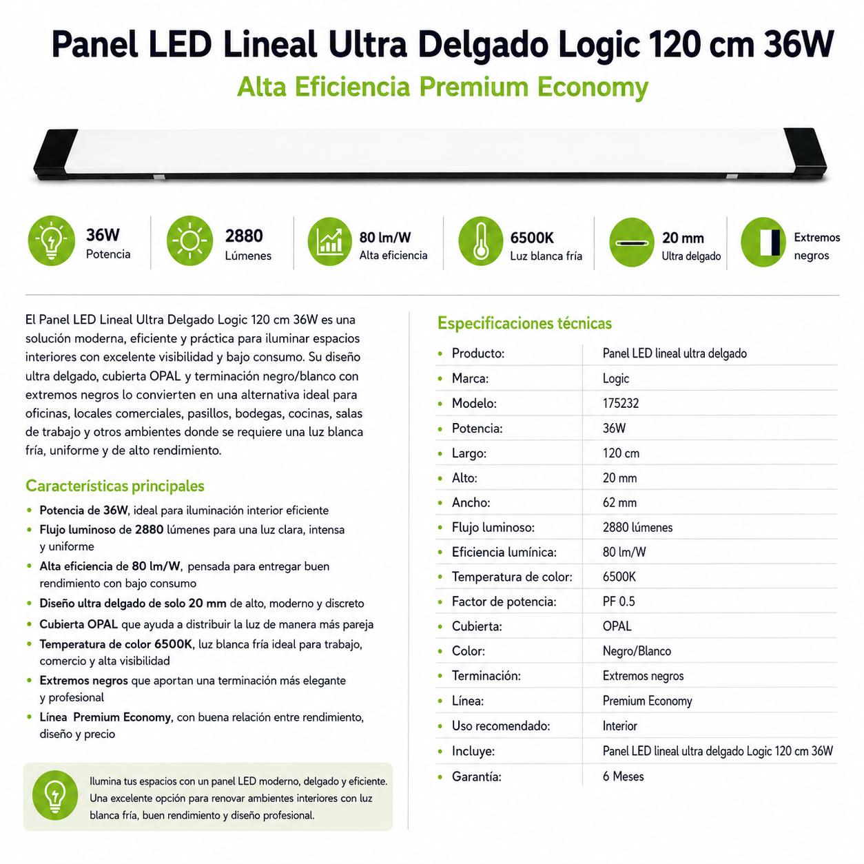 Panel LED Lineal Ultra Delgado 120 cm 36W  Alta Eficiencia