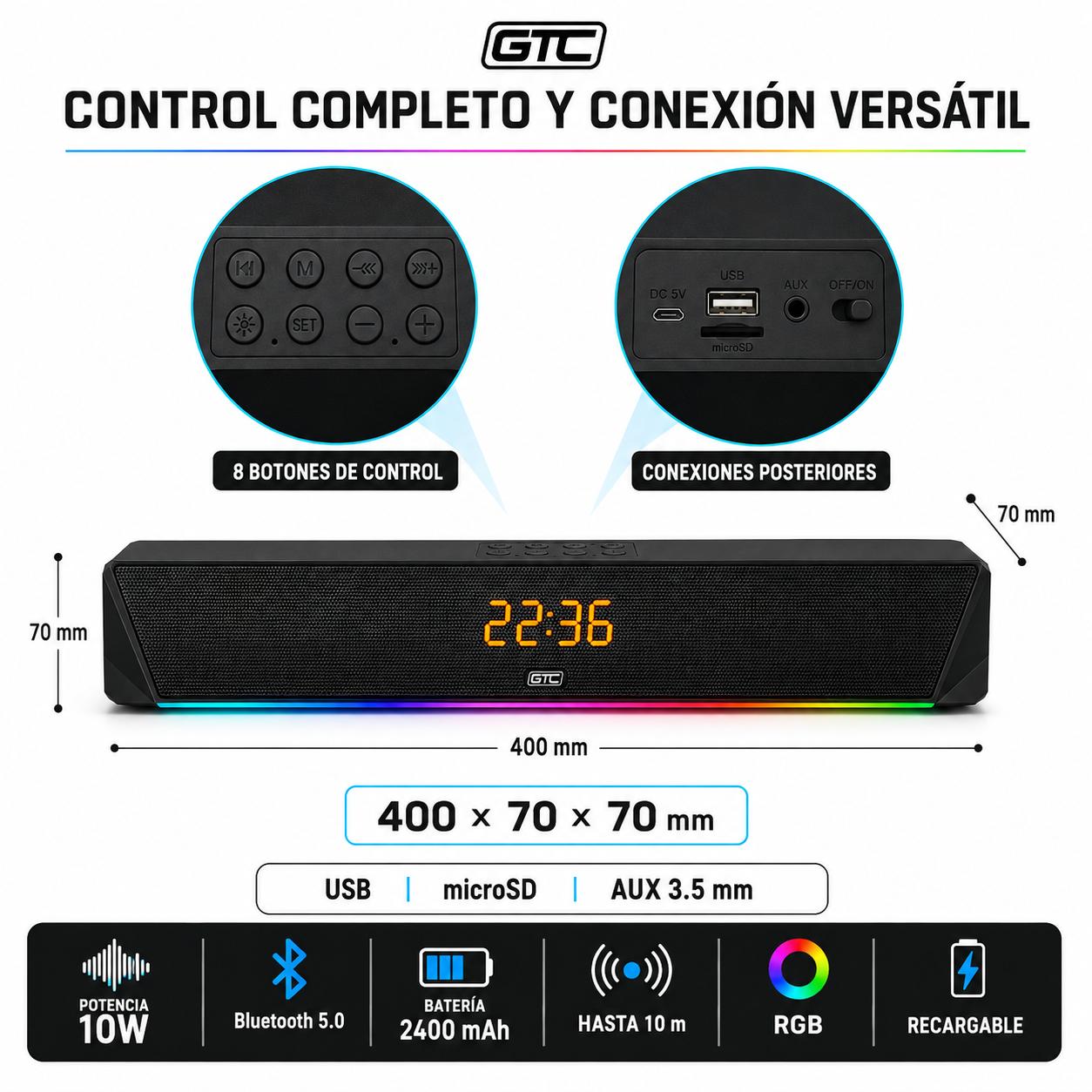 Barra de Sonido Inalámbrica Bluetooth RGB Recargable