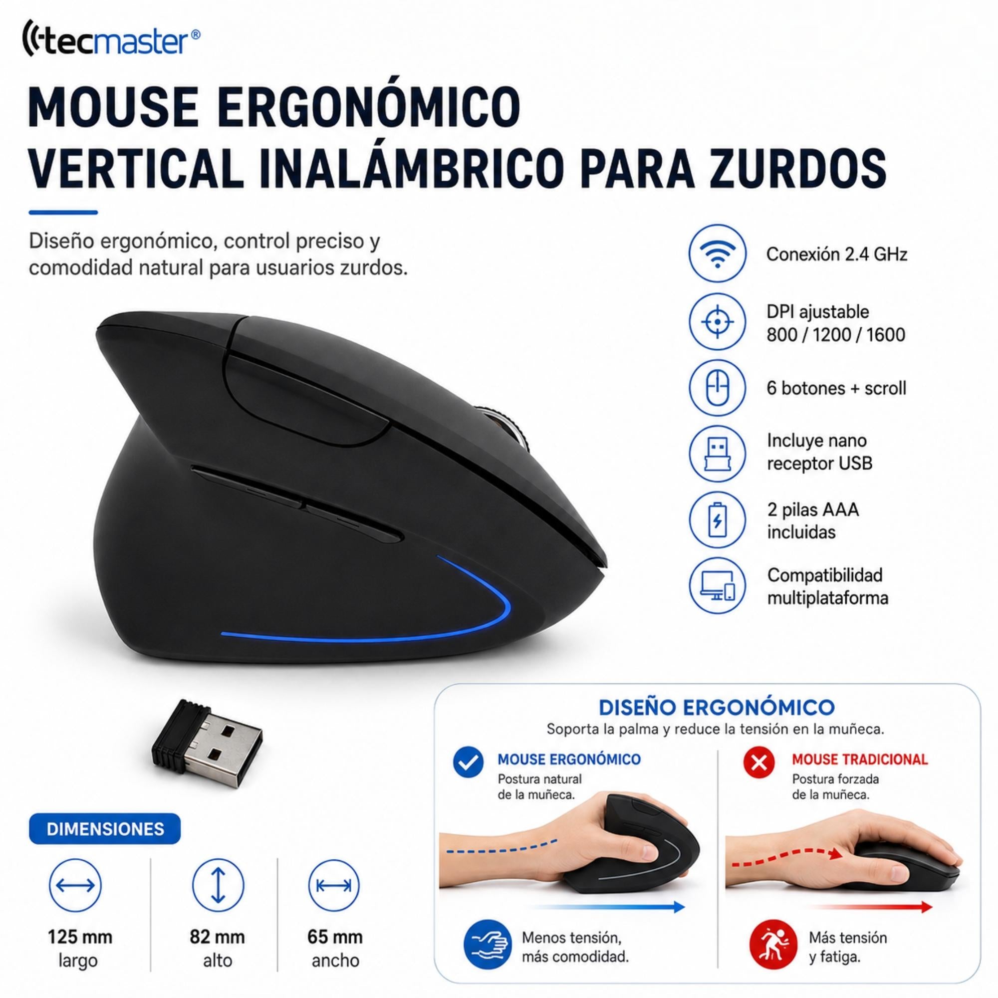 Mouse Ergonómico Vertical Inalámbrico para Zurdos Iluminado