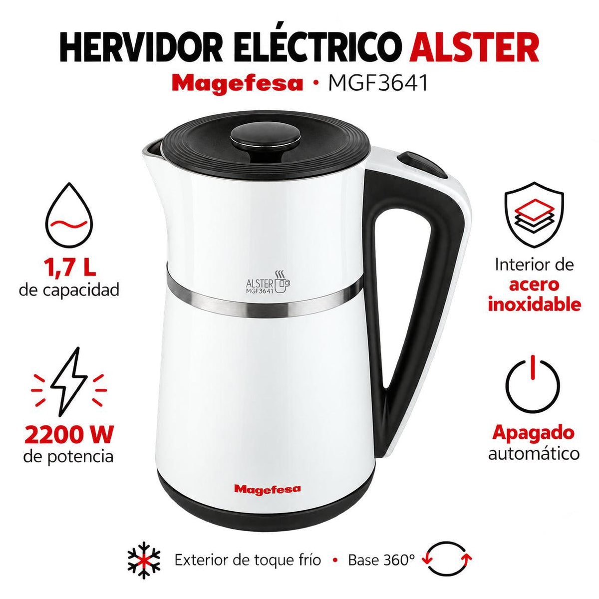 Hervidor Eléctrico 1.7L Inox 2200W Base 360° Blanco
