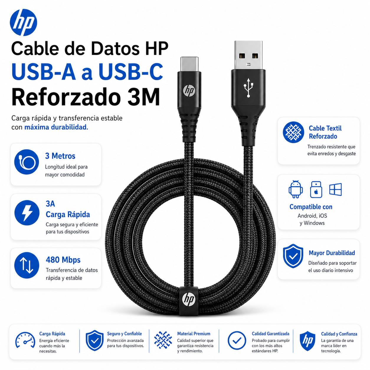 Cable de Datos HP USB-C A USB 3.0 REFORZADO 3M  / 3A