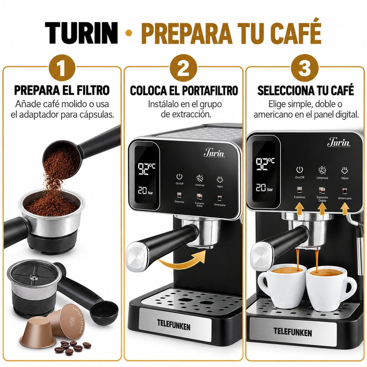 Cafetera Espresso Digital 1350W con Vaporizador Turin