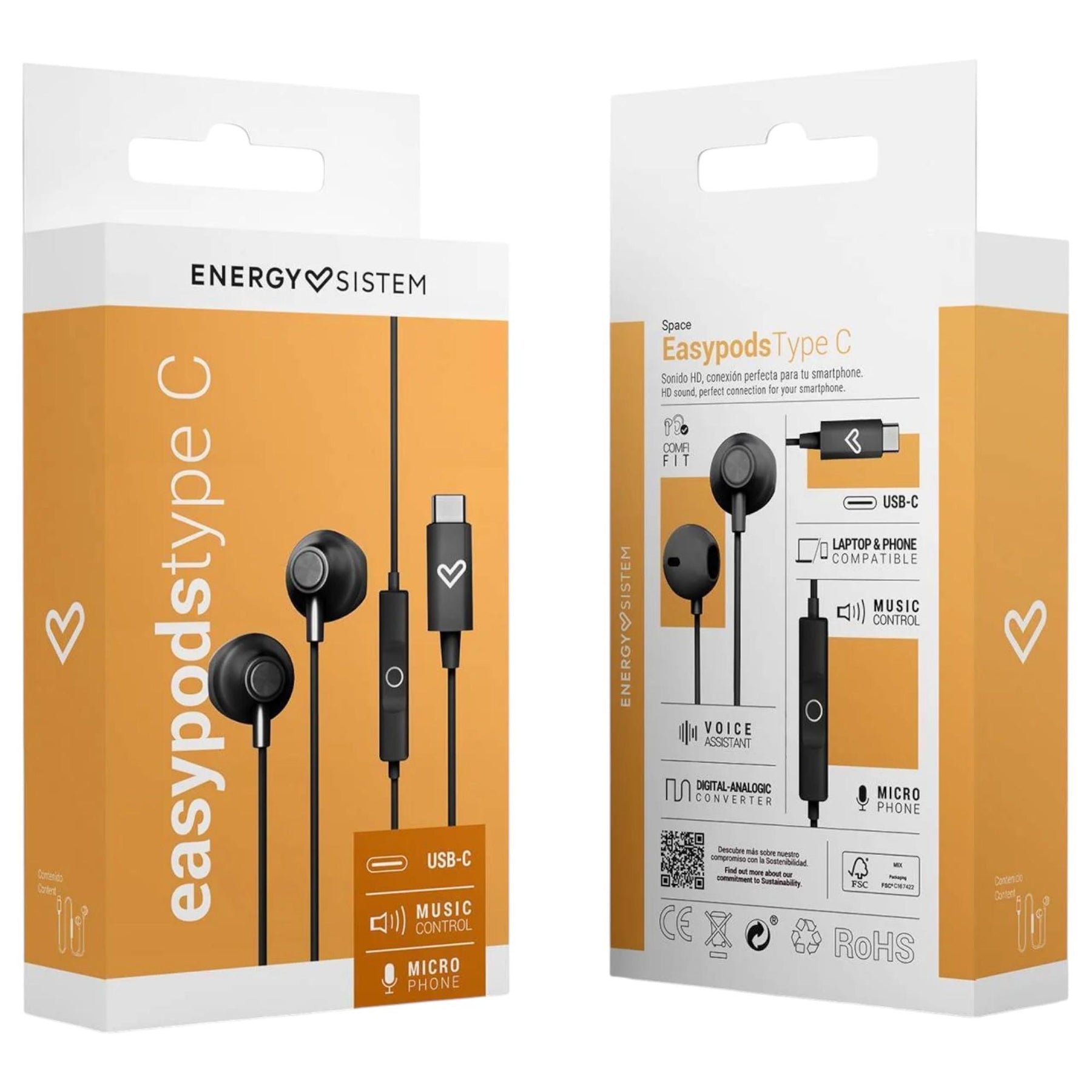 Audífonos Energy Sistem USB-C EasyPods Black HD Edition