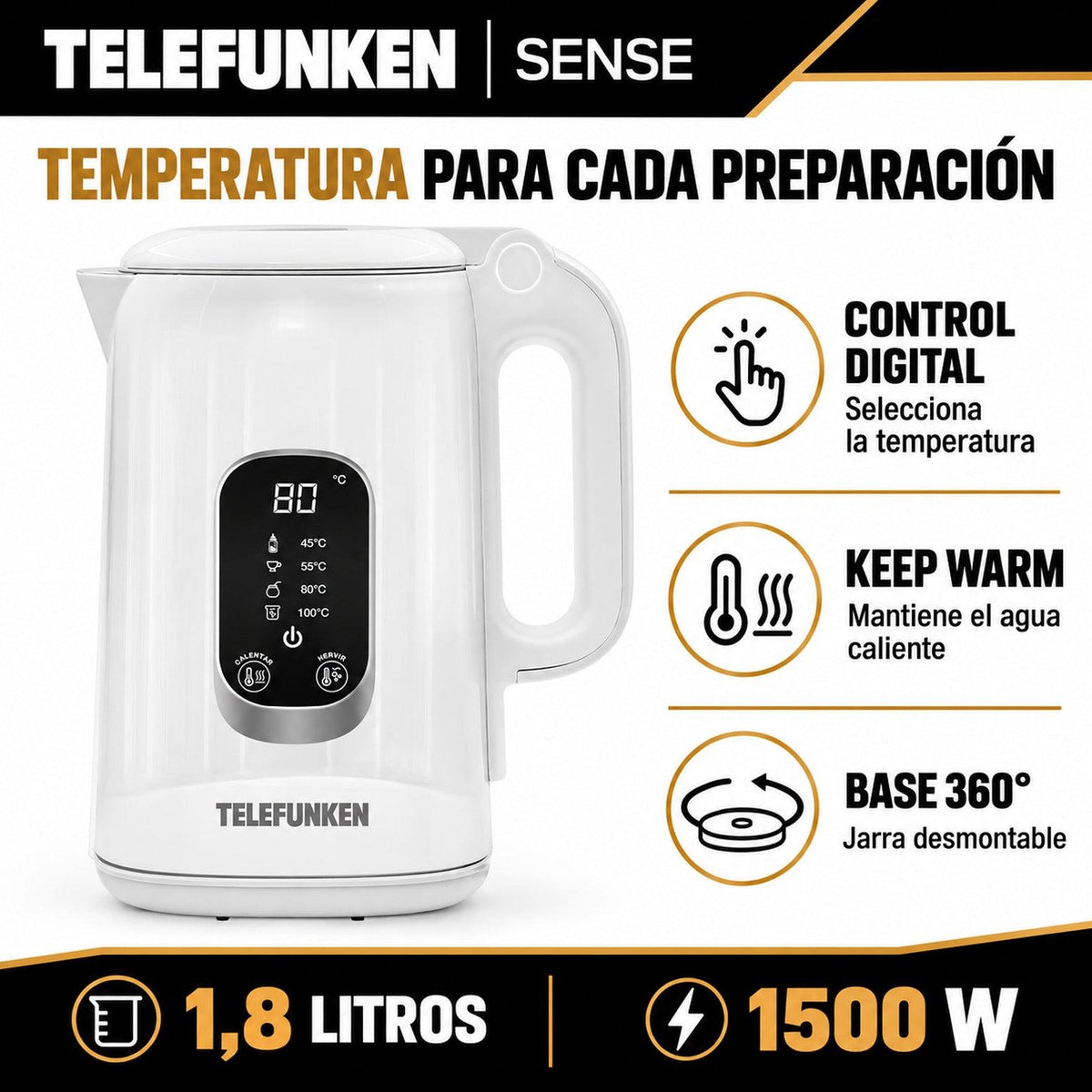 Hervidor Digital 1.8L 1500W con Control de Temperatura