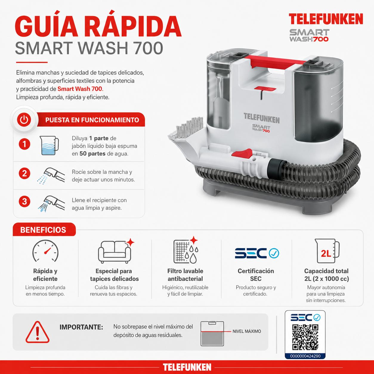 Aspiradora Limpia Tapiz Telefunken Smart Wash 700W Multiusos