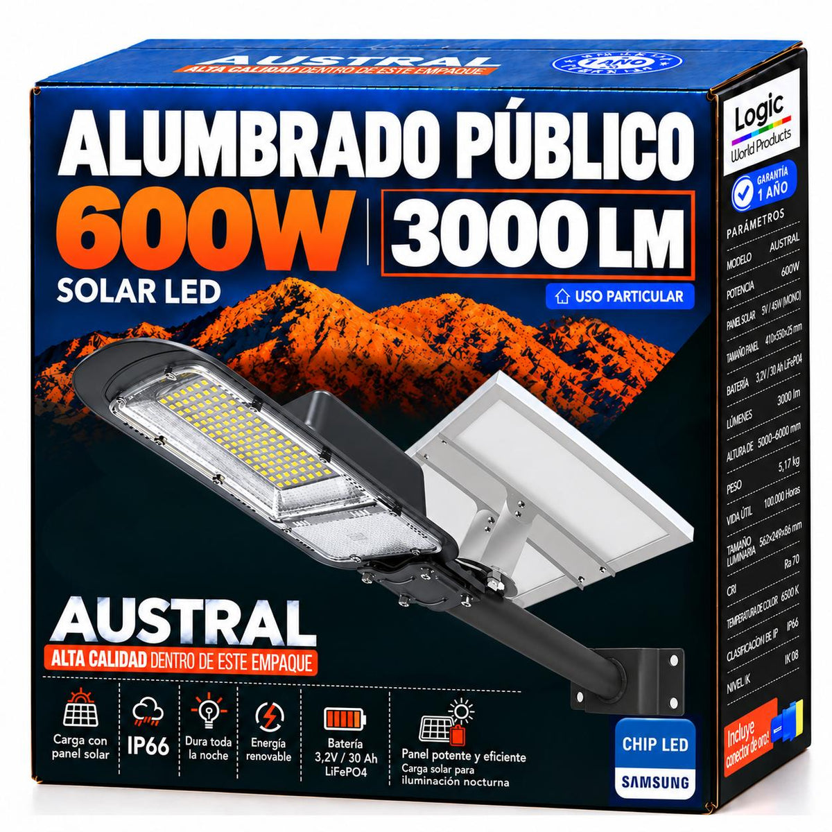 Luminaria Solar Peatonal Austral 600W con Panel de Alta Eficiencia