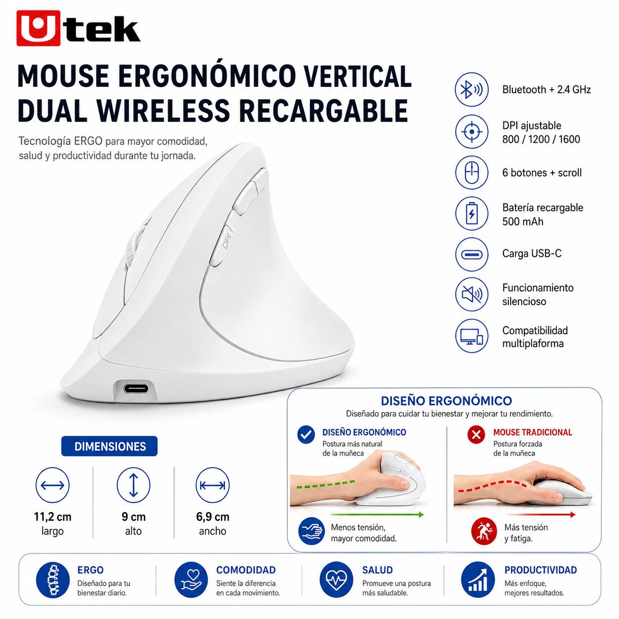 Mouse Vertical Ergonómico Dual Wireless Recargable Blanco