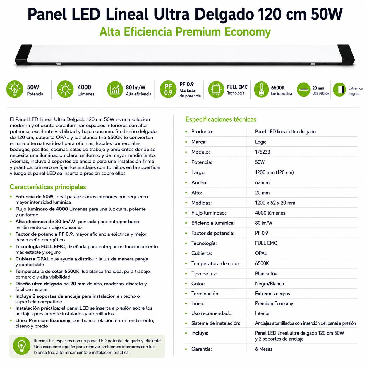 Panel LED Lineal Ultra Delgado 120 cm 50W  Alta Eficiencia