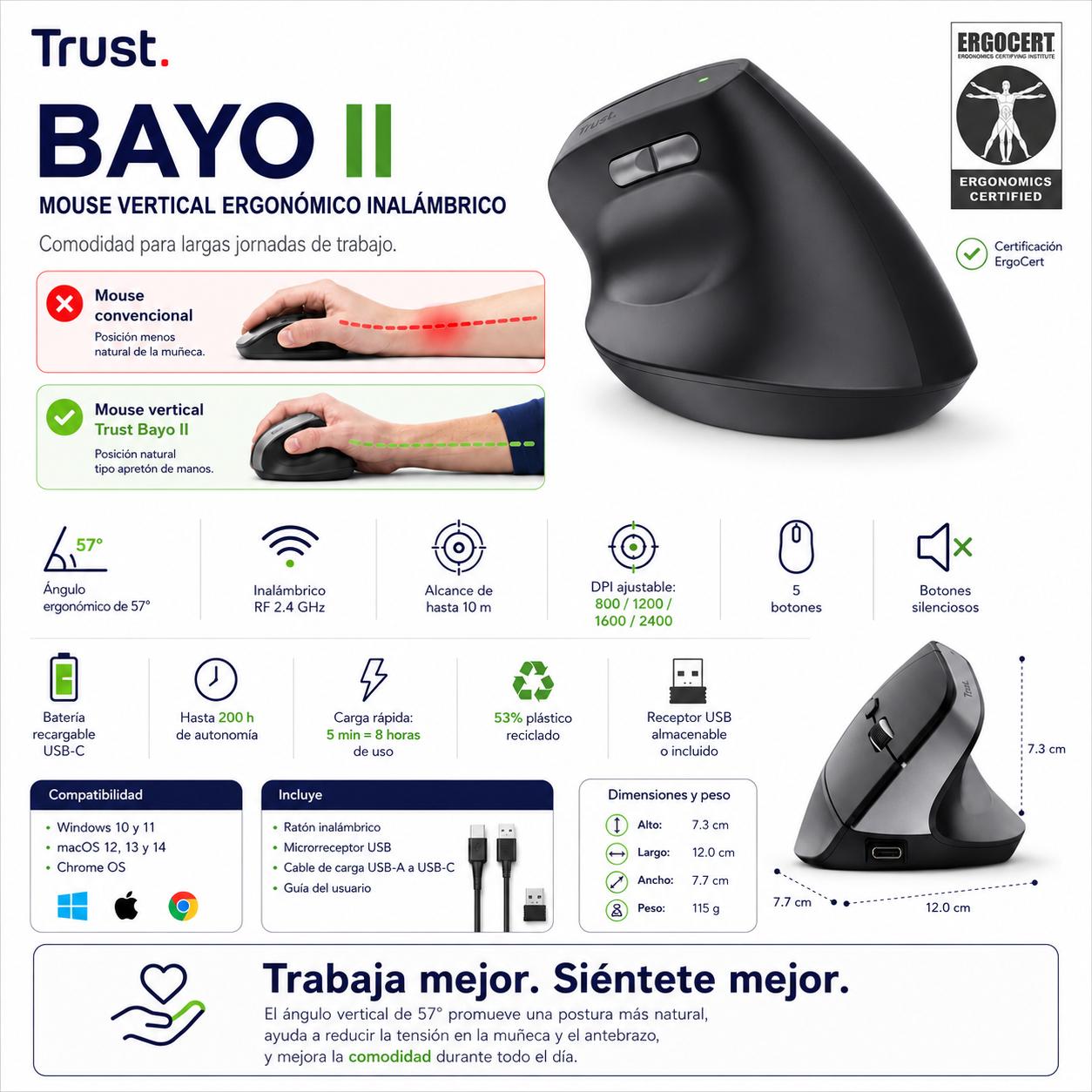 Mouse Vertical Inalámbrico Trust Bayo II Recargable Ergonomico