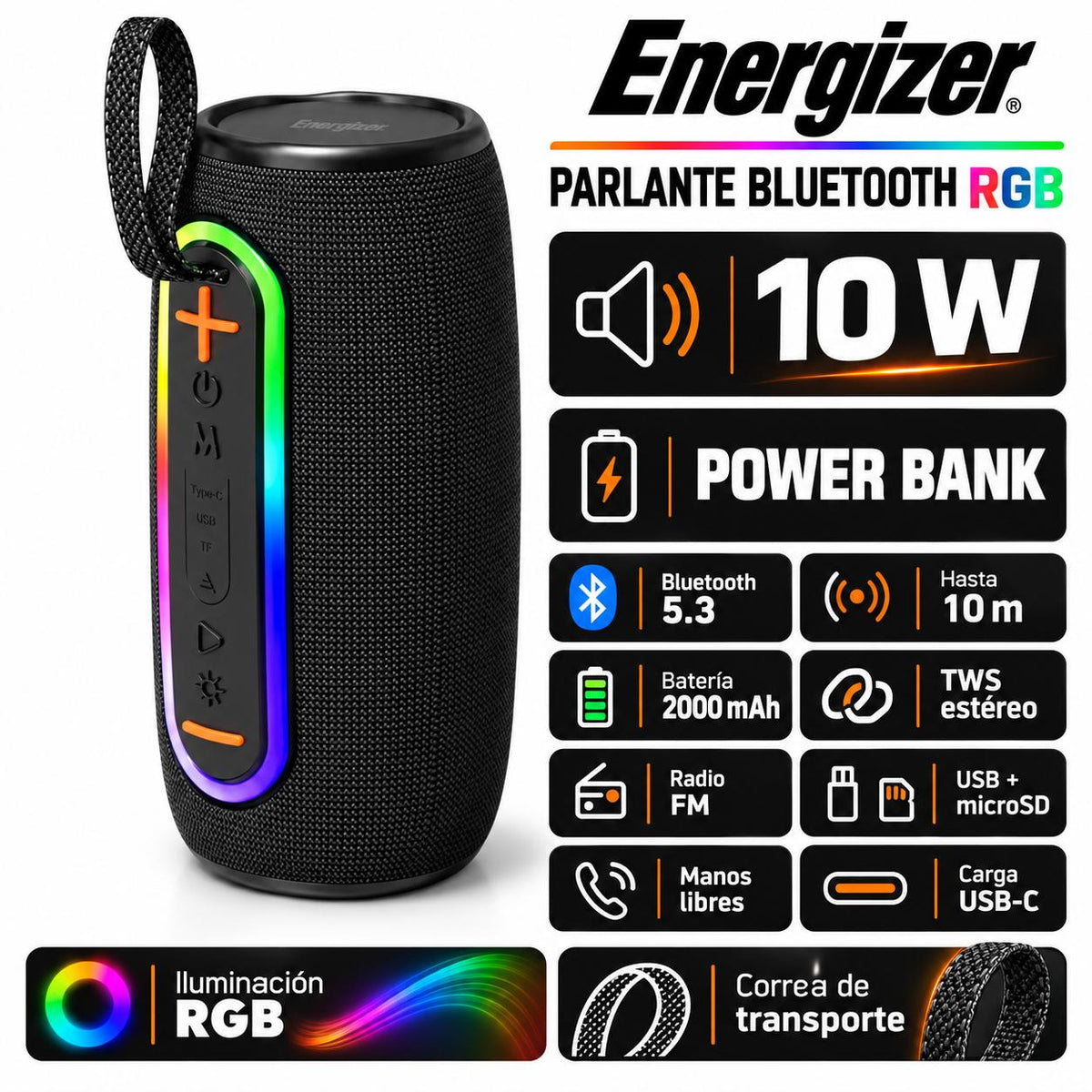 Parlante Bluetooth RGB Portátil Energizer 10W con Power Bank