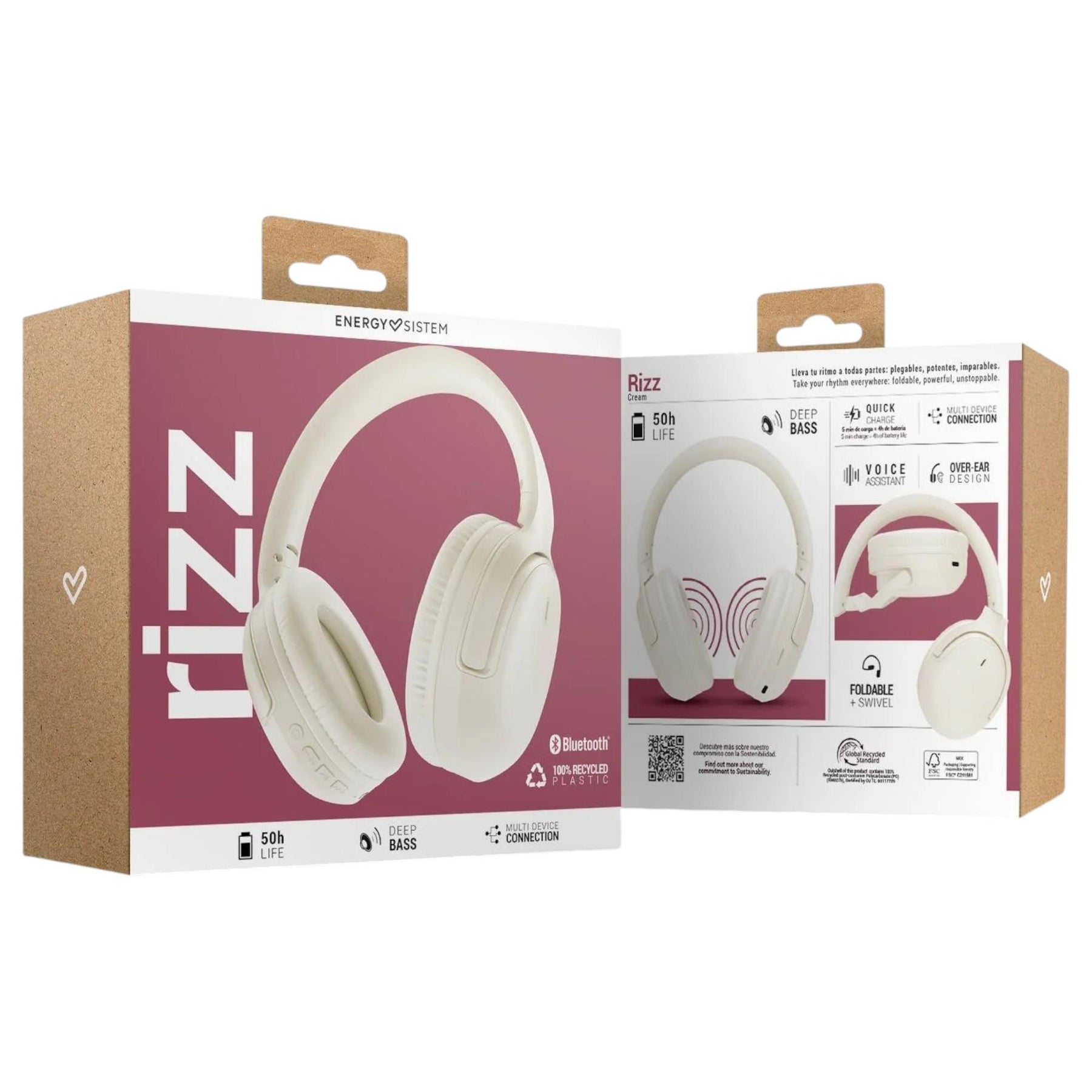 Audífonos Bluetooth Energy Sistem Rizz Fold Cream Deep Bass 50Hrs