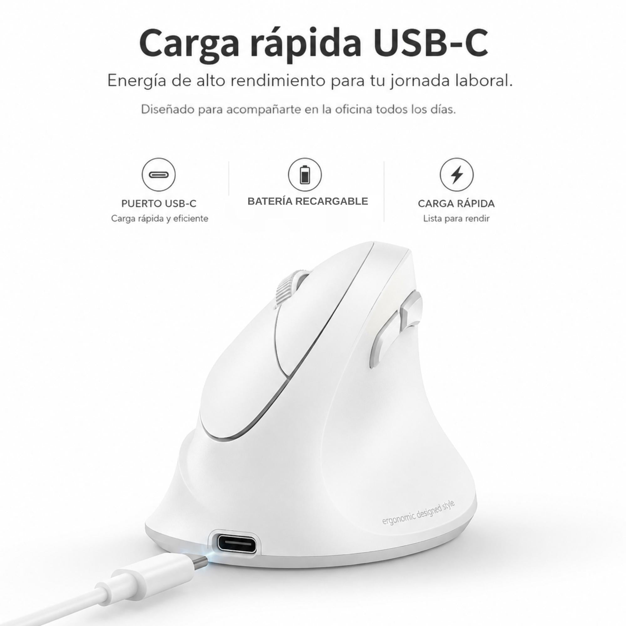 Mouse Vertical Ergonómico Dual Wireless Recargable Blanco