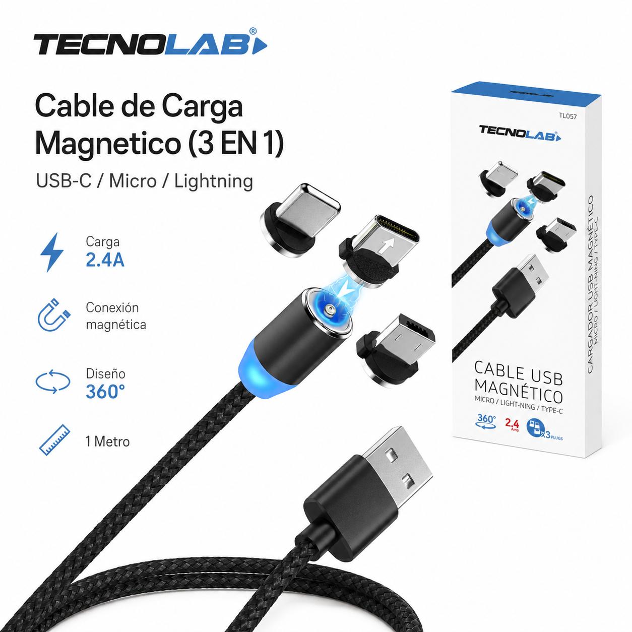 Cable de Carga Magnetico (3 EN 1) USB-C / Micro / Lightning