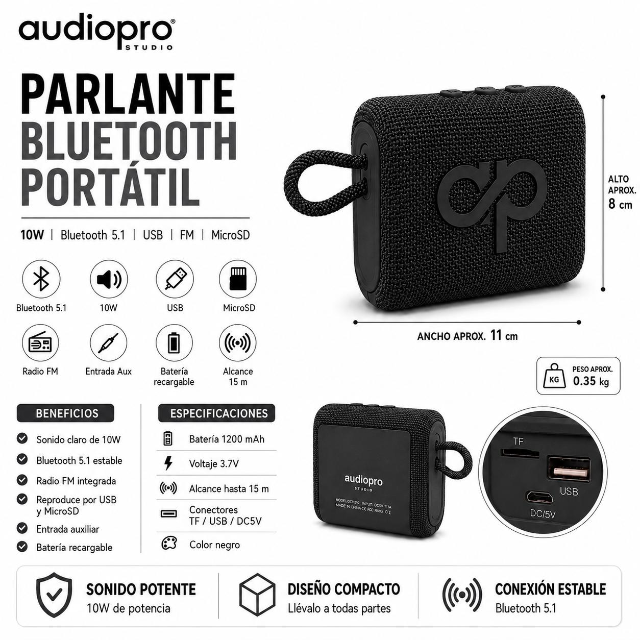 Parlante Portátil Bluetooth Sound GO 10W USB-FM-MicroSD Negro