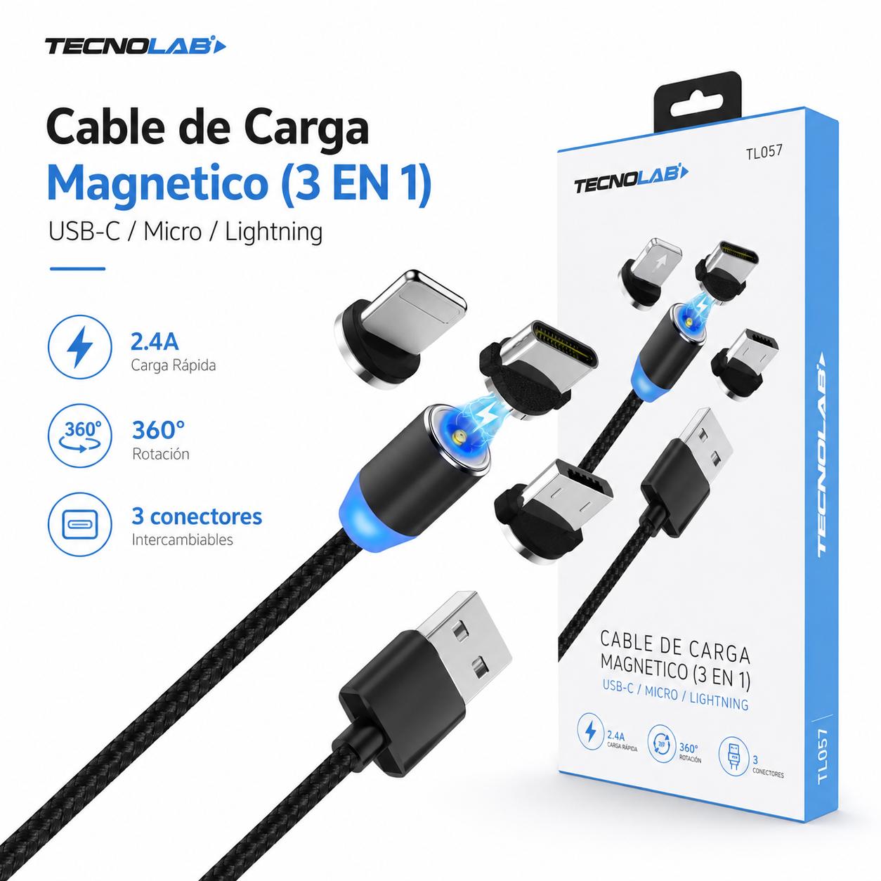 Cable de Carga Magnetico (3 EN 1) USB-C / Micro / Lightning