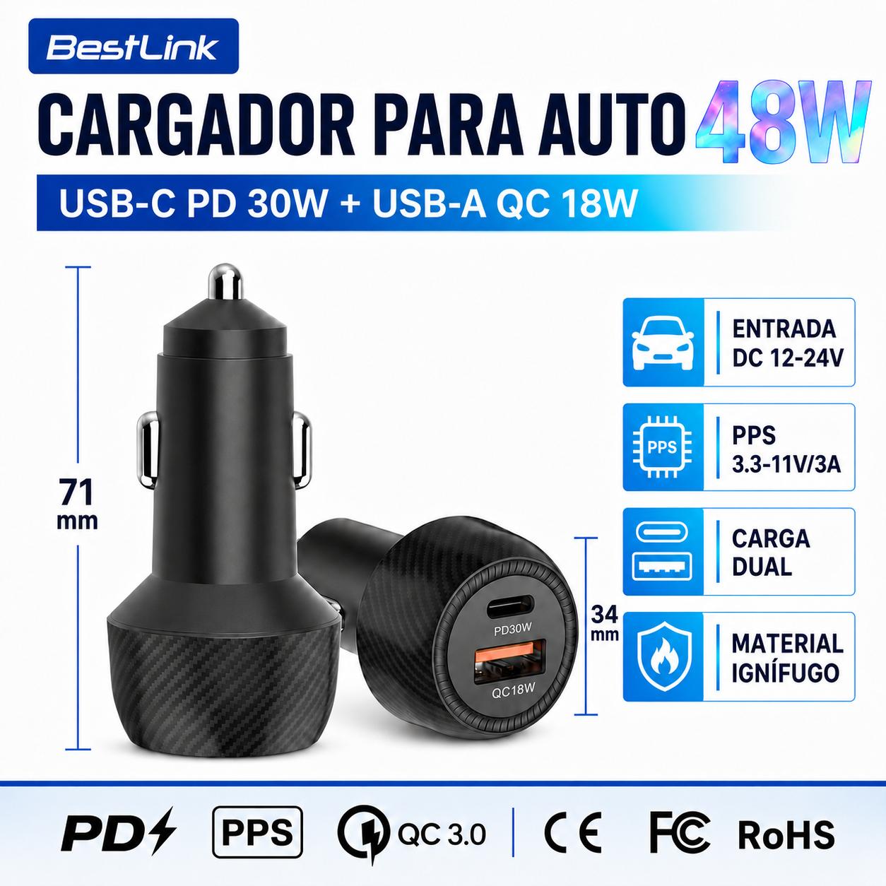 Cargador para Auto Dual 48W USB-C + USB-A Carga Ultra Rápida