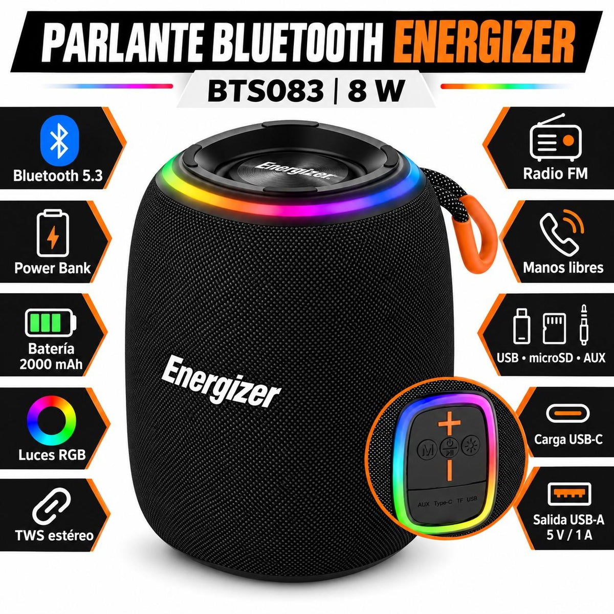 Parlante Bluetooth RGB Portátil Energizer 8W con Power Bank
