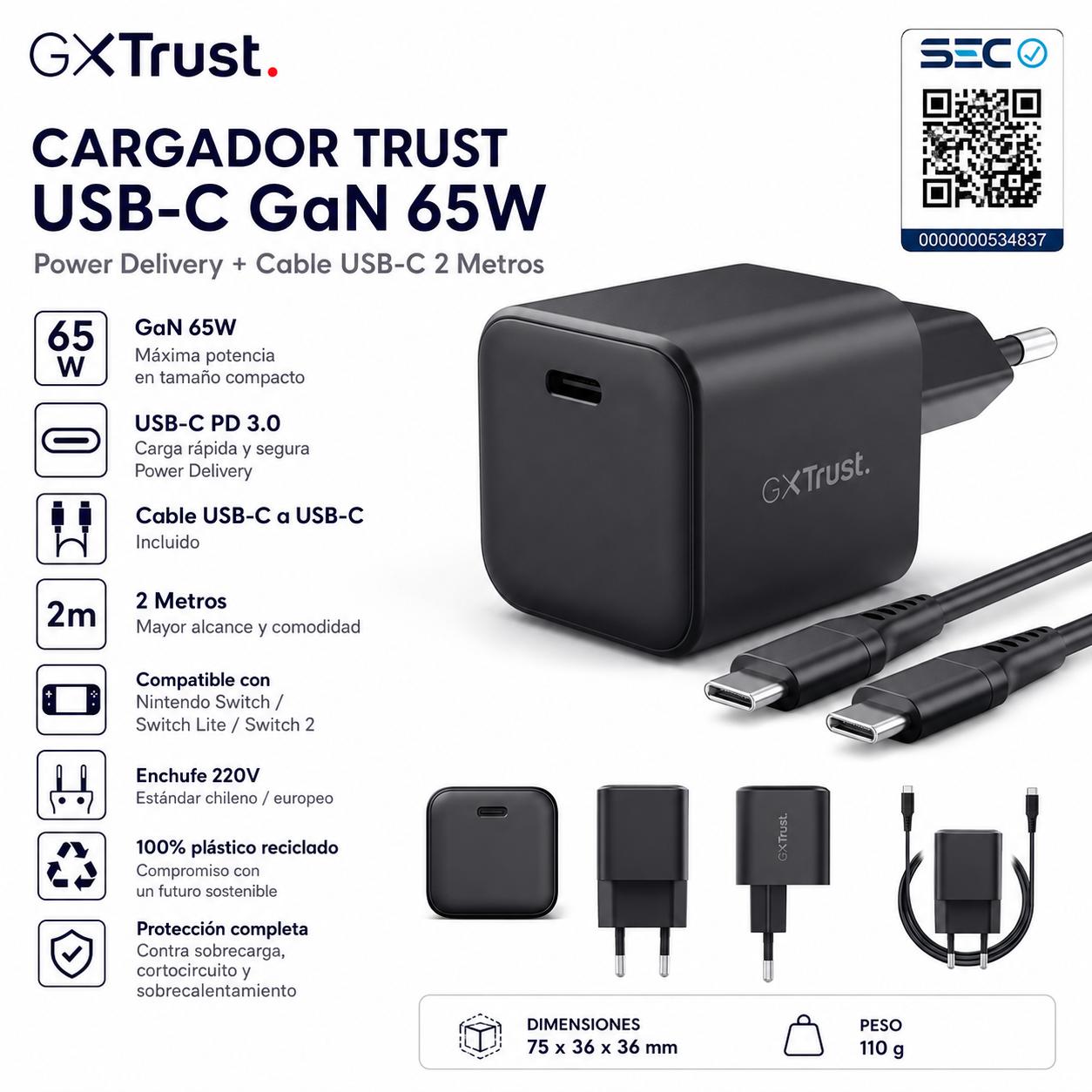 Cargador Trust USB-C GaN 65W PD con Cable USB-C 2MT GXT 1258