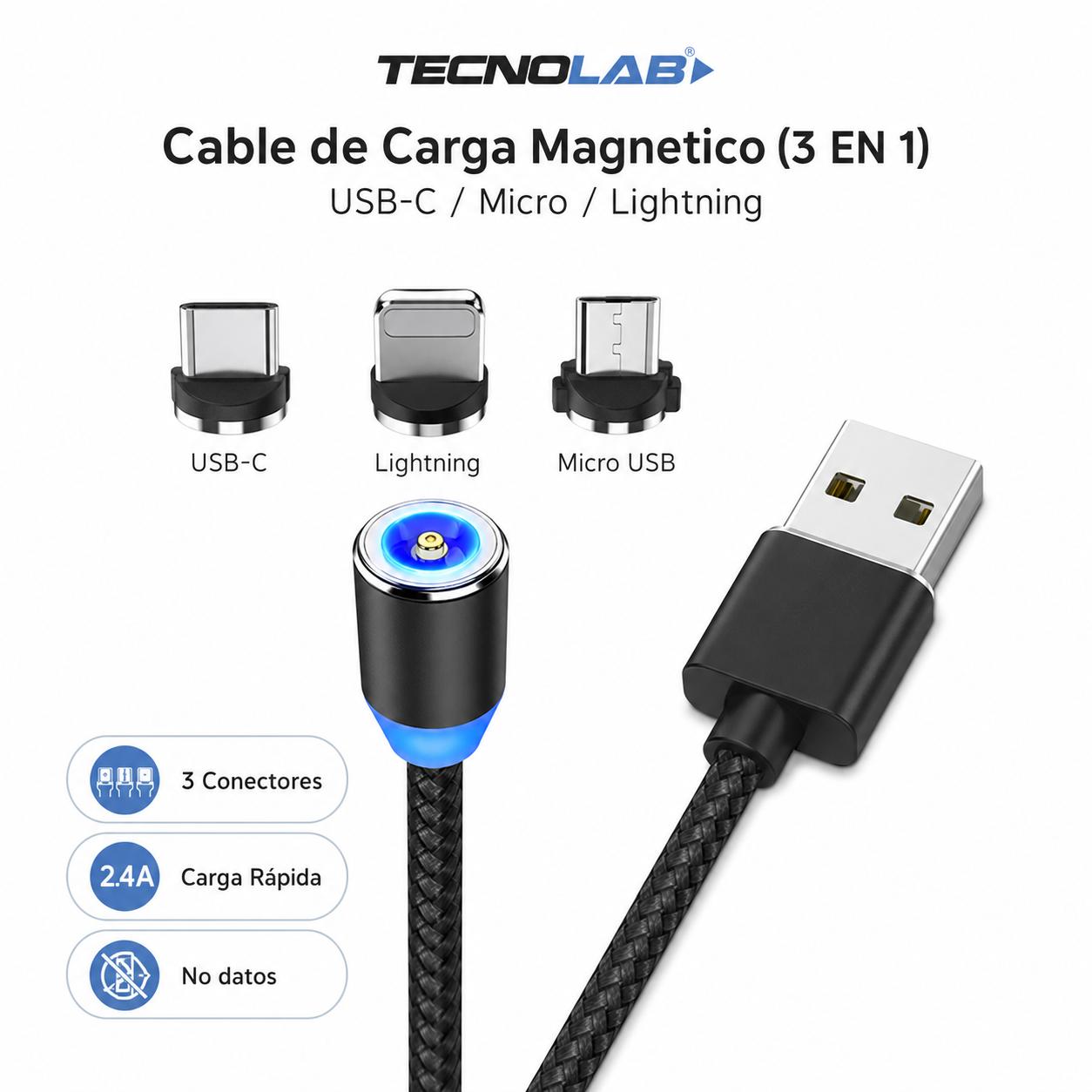 Cable de Carga Magnetico (3 EN 1) USB-C / Micro / Lightning