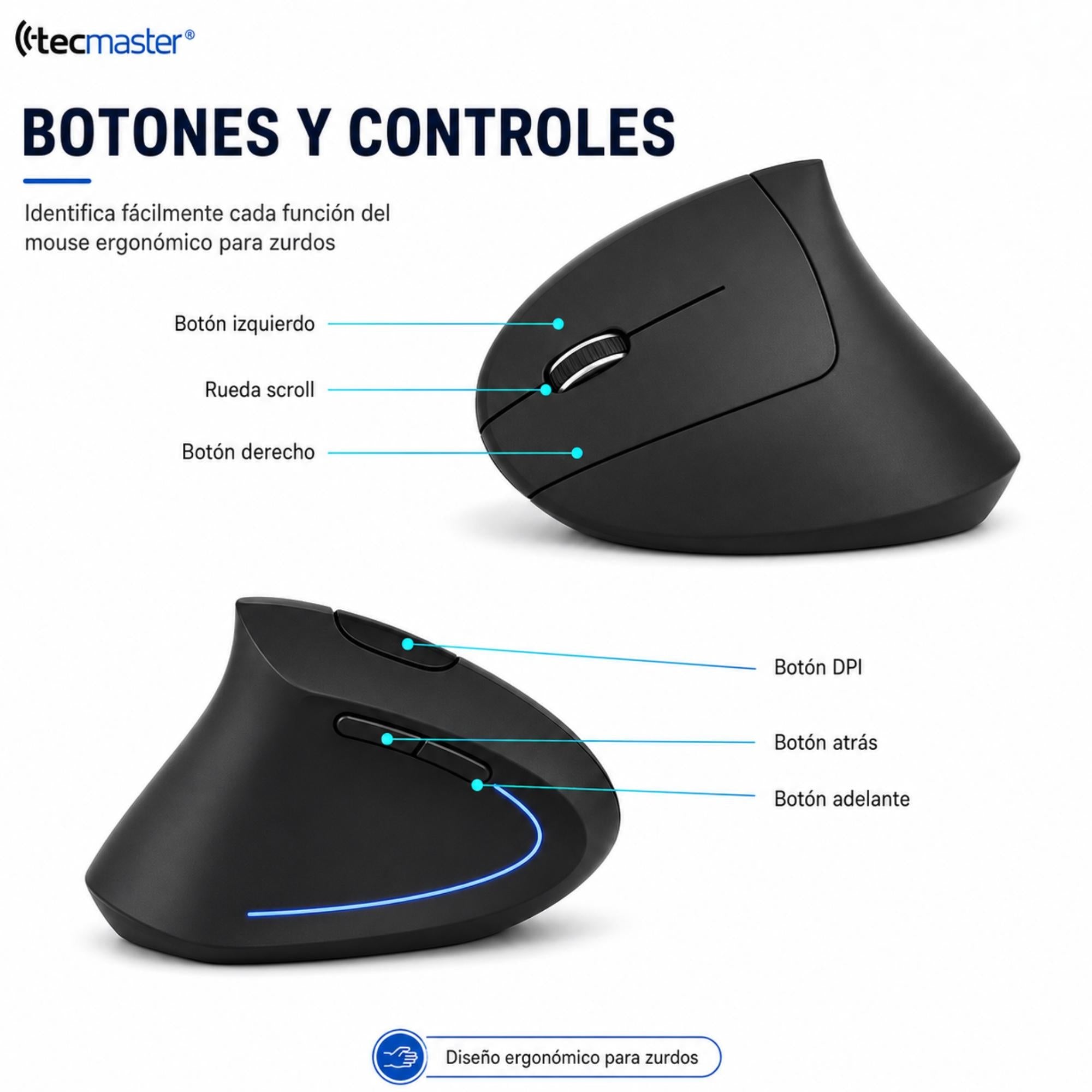 Mouse Ergonómico Vertical Inalámbrico para Zurdos Iluminado