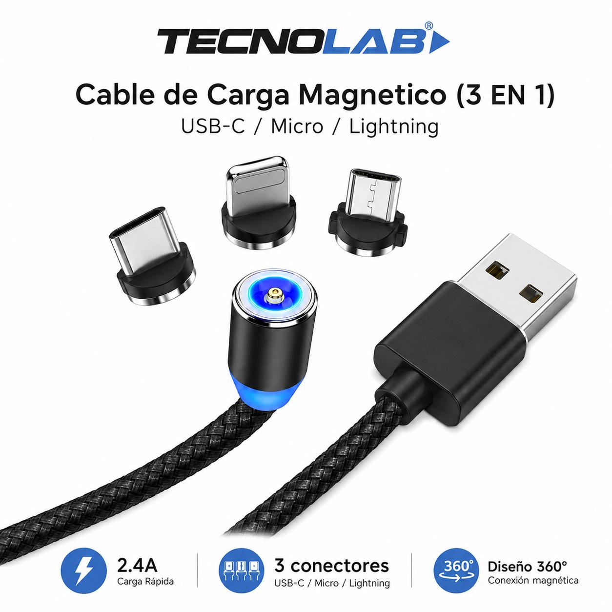Cable de Carga Magnetico (3 EN 1) USB-C / Micro / Lightning