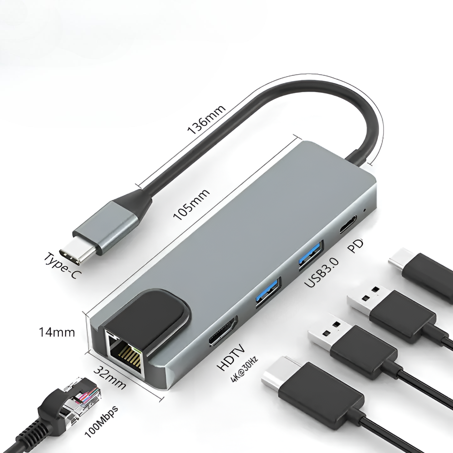 Docking Station Type-C 100W + HDMI 4K+ Ethernet+ Hub USB 3.0