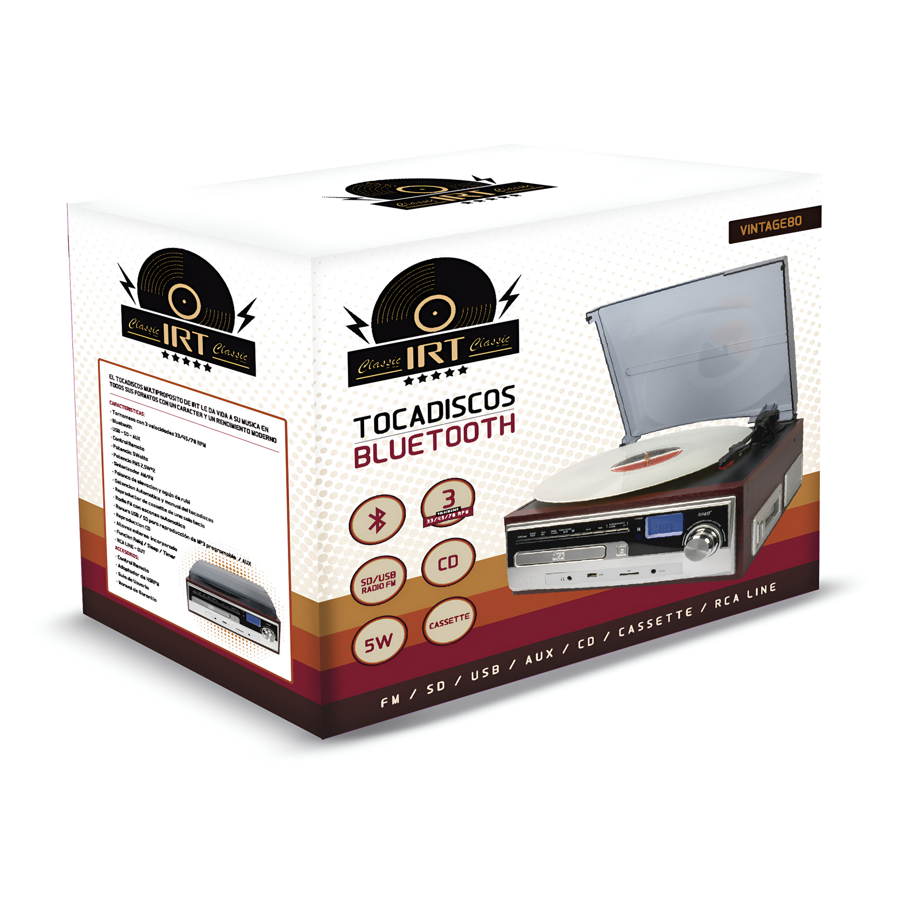 Toca Disco Tornamesa IRT Bluetooth/Aux/Cassette/USB/CD/SD/FM