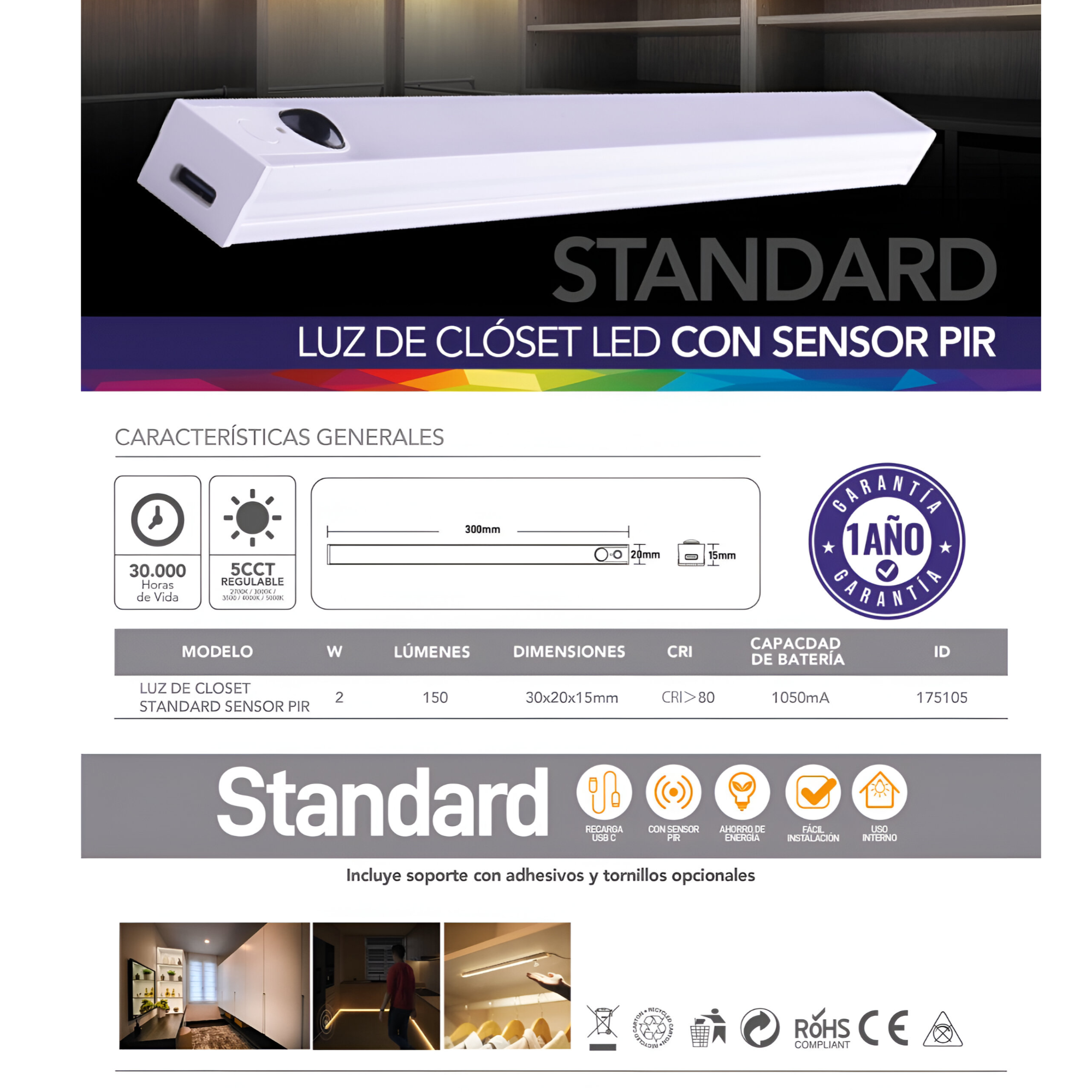 Barra LED Closet y Cocina + Sensor PIR Recargable USB-C D05