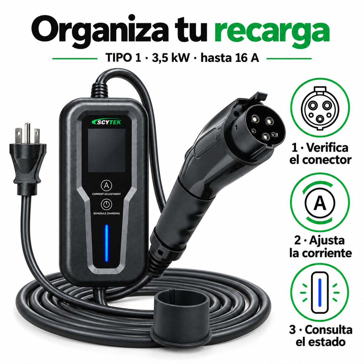 Cargador Auto Eléctrico Portátil Tipo 1 3,5kW 16A