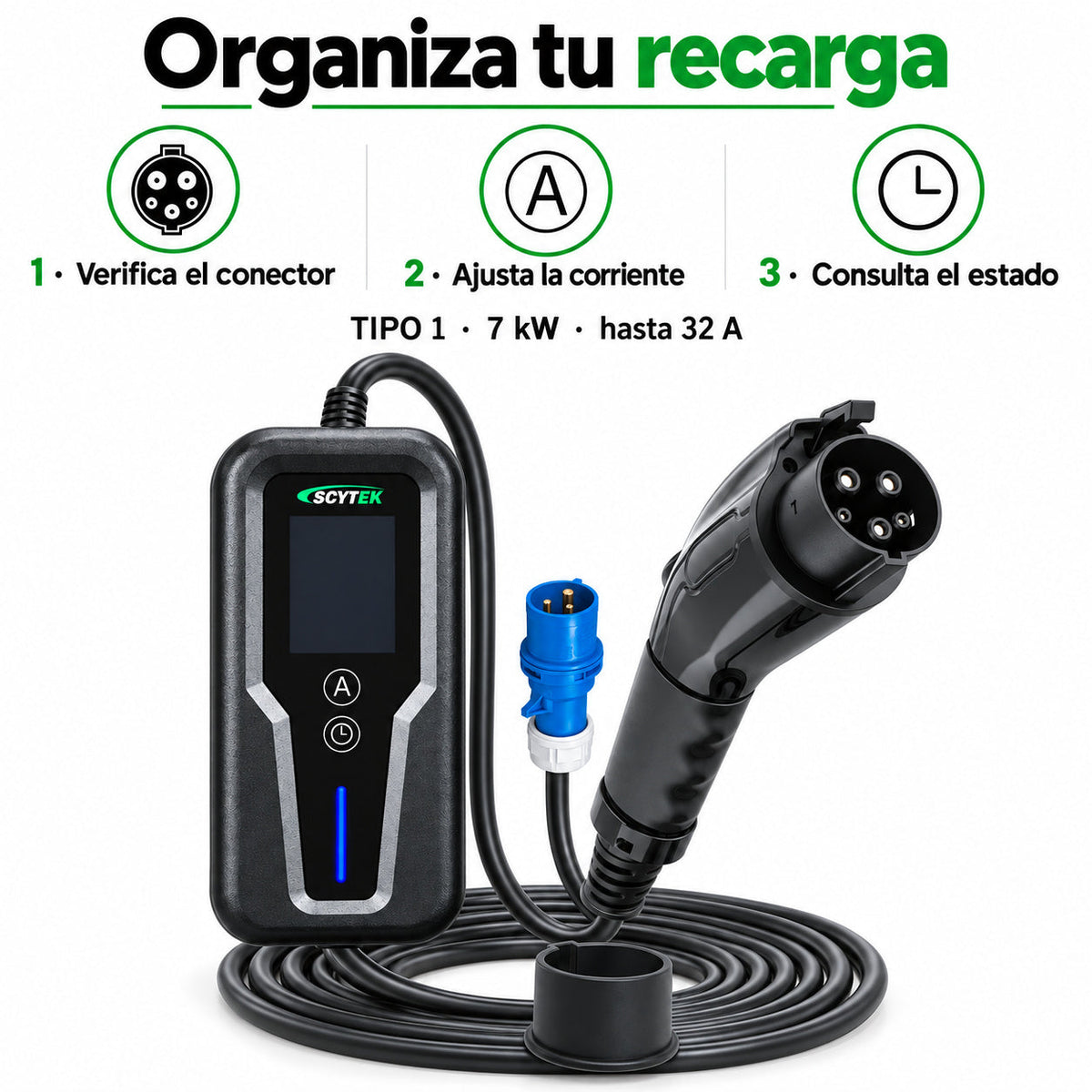 Cargador Auto Eléctrico Portátil Tipo 1 7kW 32A