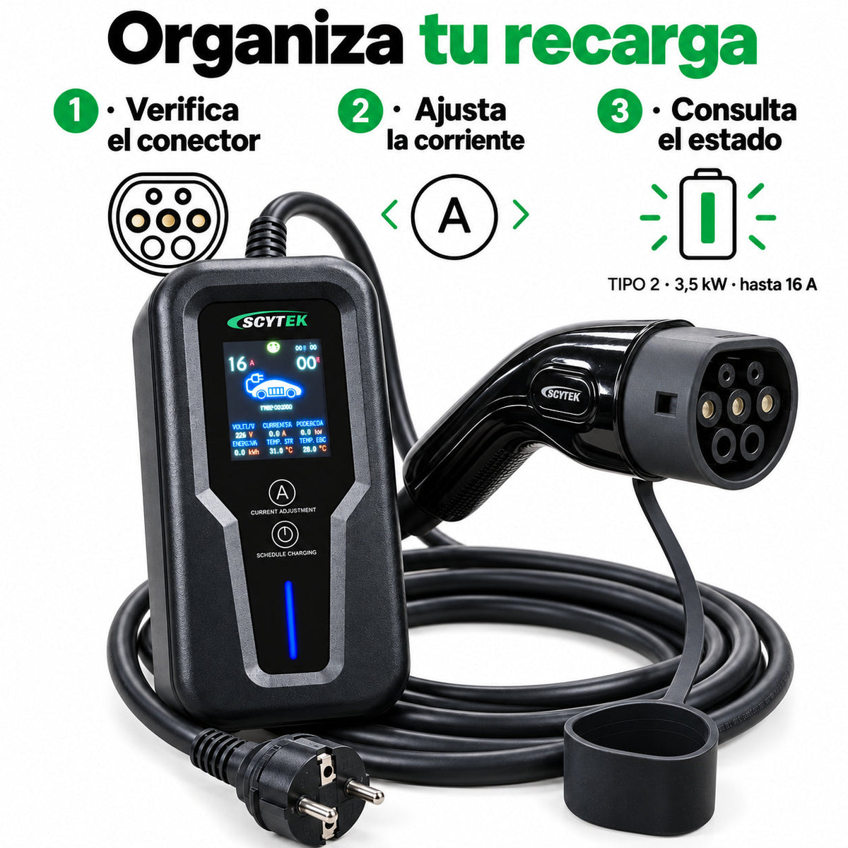 Cargador Auto Eléctrico Portátil Tipo 2 3,5kW 16A