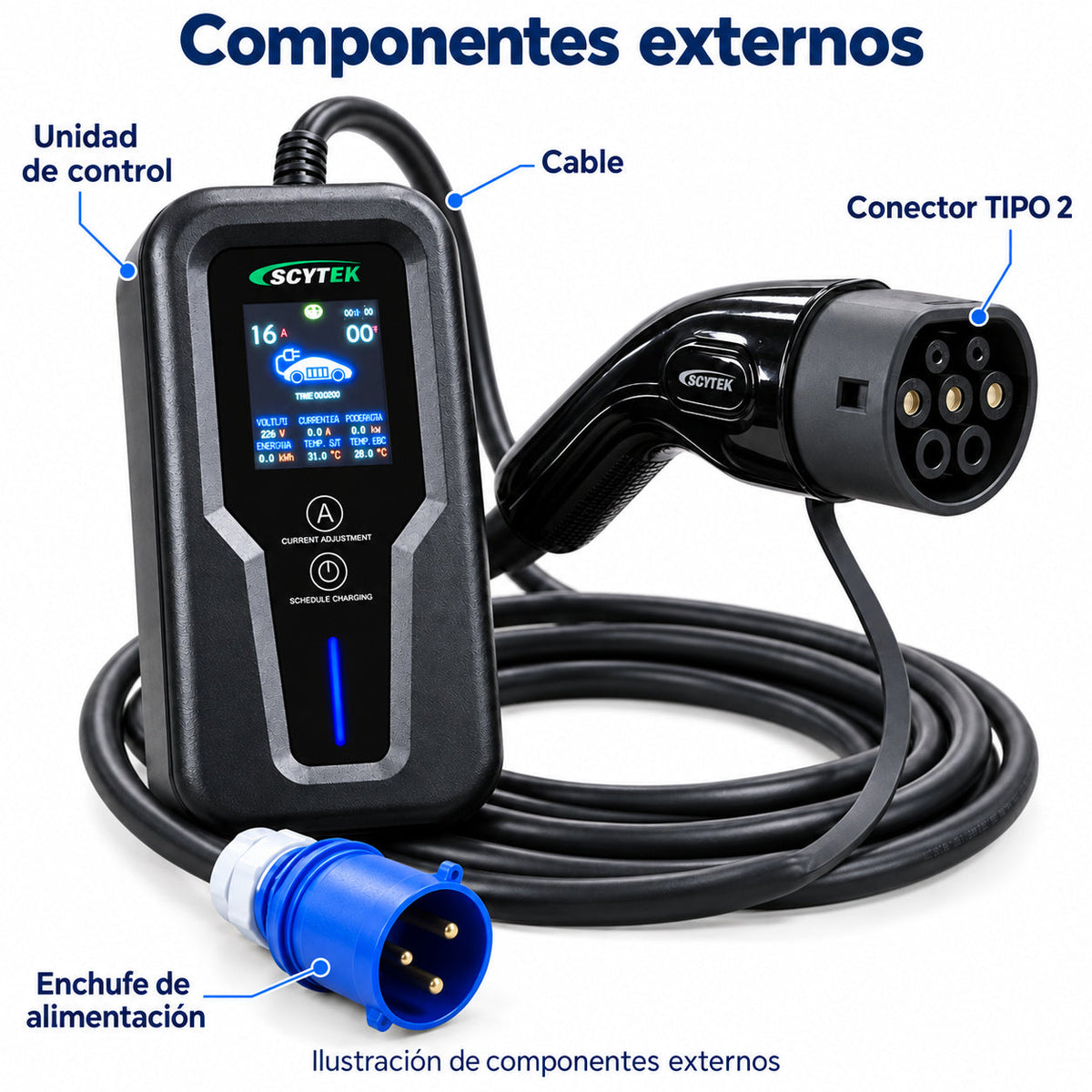Cargador Auto Eléctrico Portátil Tipo 2 7kW 32A