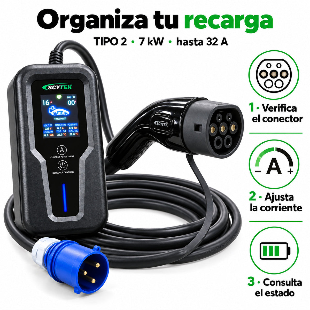 Cargador Auto Eléctrico Portátil Tipo 2 7kW 32A