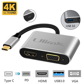 Hub Adaptador 4 en 1 Type-C a HDMI 4K + VGA + USB 3.0+ USB C